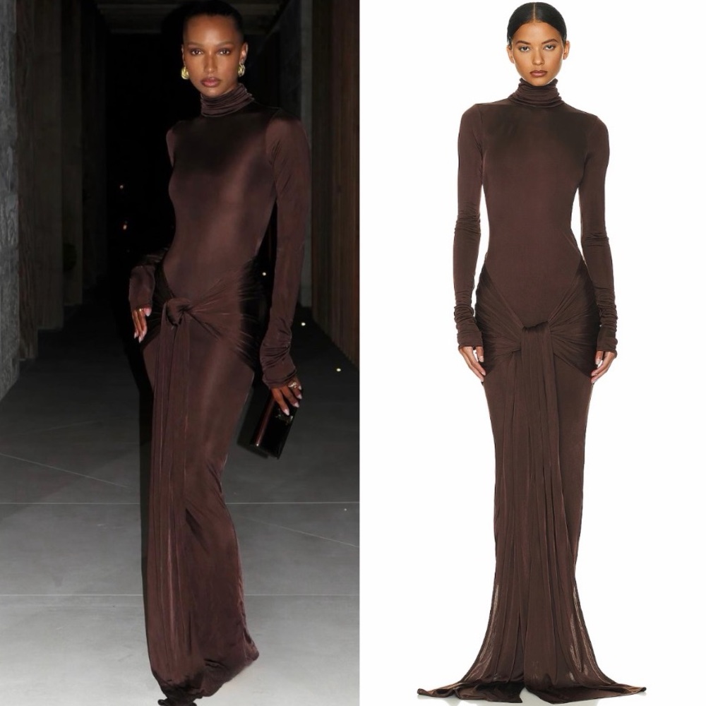 Helsa Slinky Jersey Sarong Maxi Dress Chocolate Brown Size Small NWT